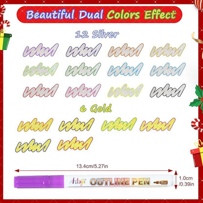 Shimmer Markers,18 Colors Outline Pens, Gold and Silver Double Line Outline Markers, Metallic Marker Glitter Pens Set for Art Crafts, Easter Basket Stuffers for Teens, Greeting Cards, DIY, Scrapbook