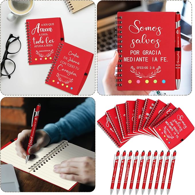60 Pcs Spanish Christian Gifts Bulk Religious Notebooks with Bible Verse Pens,inspirational Spiral Prayer Journal and Pen Set Church Gifts for Women Men Sunday Church Party Favors (Red)