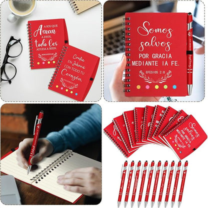 60 Pcs Spanish Christian Gifts Bulk Religious Notebooks with Bible Verse Pens,inspirational Spiral Prayer Journal and Pen Set Church Gifts for Women Men Sunday Church Party Favors (Red)
