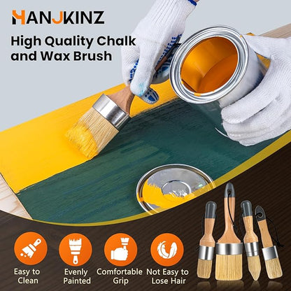 Chalk and Wax Paint Brush 4Pcs Set, Chalk Paint Brushes for Furniture, Painting or Waxing, Milk Paint, Natural Bristle Stencil Brushes for All Painting and Waxing