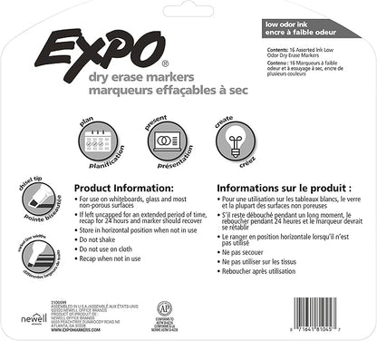 EXPO Low Odor Dry Erase Markers, Chisel Tip, Assorted Colors, 16 Count