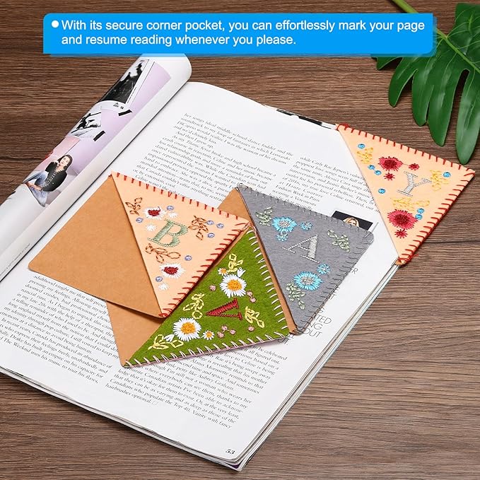 PATIKIL Personalized Embroidered Corner Bookmark, Cute Flower Felt Stitched Triangle Book Mark Page Marker for Women Men Book Lovers Teachers, Pink, Letter U