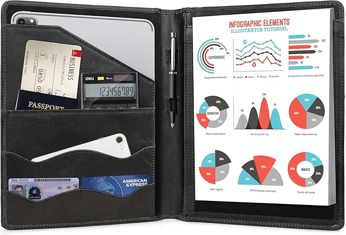 Leather Portfolio Professional Organizer Padfolio – Resume Folder, Document Binder w/Business Card Holder, Portfolios for Men & Women, Office & Business Supplies by Luxeoria, (Small - Black)