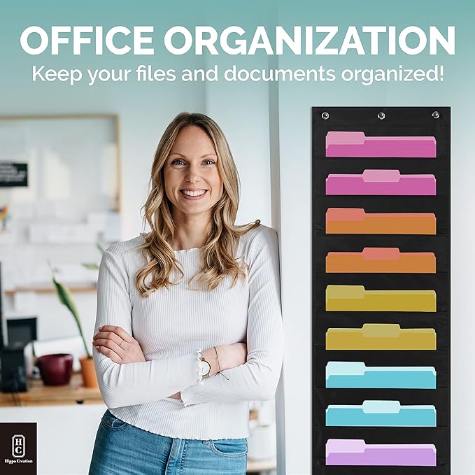 Hippo Creation Heavy Duty Storage Pocket Chart for Classroom, 10 Pocket Storage Organizer with 2 Over-Door Hangers, Hanging Wall Organizer for File Folders, School Mailbox, Home Office Papers - Black