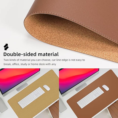 Leather Desk pad Protector, Large Desk mat with Natural Cork & PU Leather,Mouse pad,Non-Slip Office Desk Mat,Waterproof Desk Writing Pad for Office and Home (47in*23.7in, Brown)