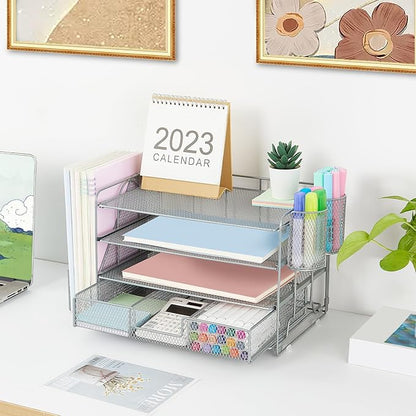 Desk Organizers and Accessories, Desk Accessories & Workspace Organizers for Office Supplies, File Organizer Desk Drawer Organizer with 2 Pen Holders, 4 Tier Paper Organizer for Desk(Grey)