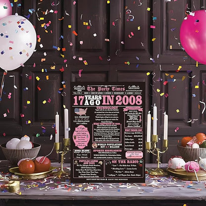 17th Birthday Card Gifts for Girls, Daughter, Niece, Granddaughter, 17th Birthday Decorations for Girls, Large Birthday Card for 17 Year Old, Funny Back in 2008 Birthday Card, Rose Pink Gold