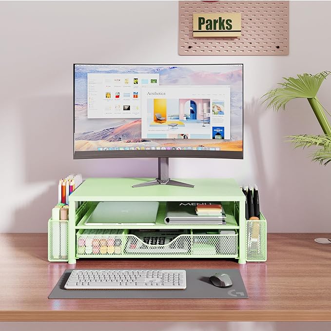 Desk Organizers and Accessories, 2-Tier Computer Monitor Stand for Desk Organizer with Drawer and 2 Pen Holders, Office Desk Accessories Workspace Desktop Organizers for Office Supplies, Green