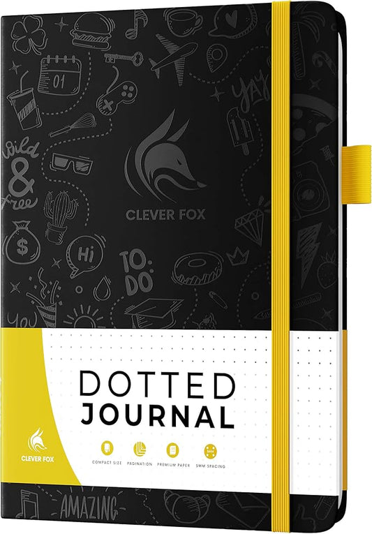 Clever Fox Dotted Journal 2.0 – Compact Planning and Sketching Dot Grid Notebook 120 GSM Thick, No-Bleed Paper – Planner with Pen Loop, Pocket, Ribbons, Stickers A5 - Black