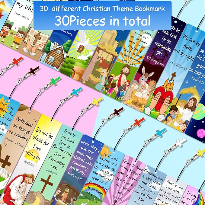 30 Pieces Christian Bookmarks for Kids Bible Verse Bookmarks with Cross Pendants Scripture Inspirational Quotes Bookmarks School Gifts Church Supplies for Kids Teens Adult Teachers