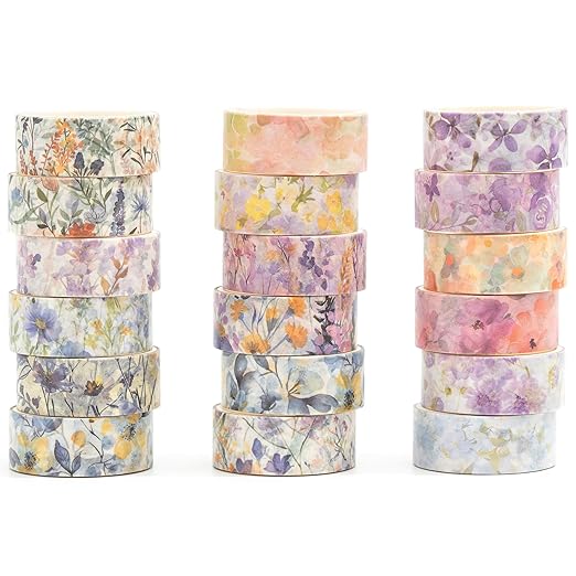 18 Rolls Blossom Washi Tape Set Floral Arts Adhesive Tapes Flowers Garden Decorative Masking Tape Set for Craft, Kids, Scrapbook, DIY, Gift Wrapping (Lavender Dream)