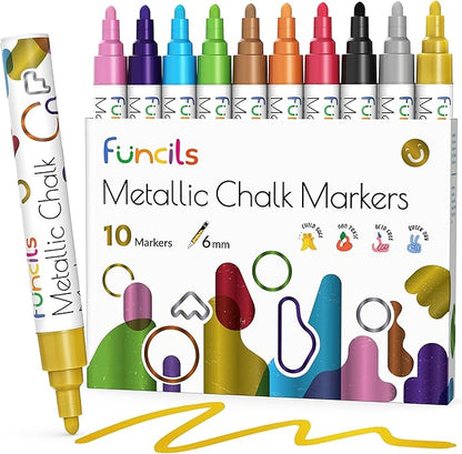 10 Metallic Colored Liquid Chalk Markers for Chalkboard Signs, Blackboard, Window, Labels, Bistro, Glass, Car - Wet Wipe Erasable Ink Chalkboard Markers, Reversible 6mm Tip Liquid Chalk Pens