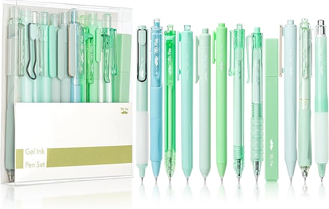 Mr. Pen- Gel Ink Pen Set, 12 pcs, Pastel Green Barrel, Black Ink Gel Pens Fine Point 0.5mm, One Highlighter, Gel Ink Pens, Cute Pens for Women, Aesthetic Pens for Journaling, Fine Tip Pens