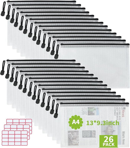 Vuzvuv 26pcs A4 Size 13"x 9.3" Mesh Zipper Pouch Zipper Bags,Document File Folders with Label Sticker,Waterproof Plastic Mesh Bag for File, Makeup, Board Game School Office Home Travel Storage