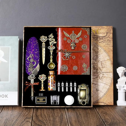 Quill Pen Ink Set, Feather Pen Ink Set With Quill Pen, Notebook, 5 Replaceable Nibs, Seal Stamp, Spoon, Wax Beads, White Wax, Ink, Pen Holder, Cup, Envelope, Letter Paper, Envelope Tool(Purple)