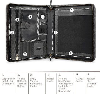 Leather Portfolio Professional Organizer Padfolio – Resume Folder, Document Binder w/Business Card Holder, Portfolios for Men & Women, Office & Business Supplies by Luxeoria | (Large - Black)