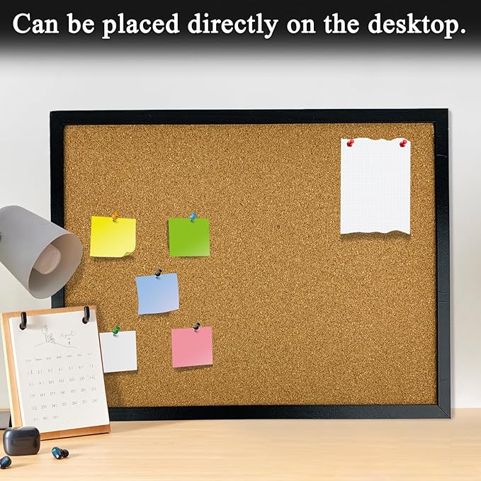 GDMINLO Black Cork Bulletin Board, 17.7 X 13.3 inches with Oak Wood Finish Frame, for Wall Office Home and School (Pins, Eye Bolts, gaskets, Screws)