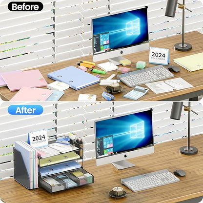 Desk Organizers and Accessories, Desk Accessories & Workspace Organizers for Office Supplies, File Organizer Desk Drawer Organizer with 2 Pen Holders, 4 Tier Paper Organizer for Desk(Black)