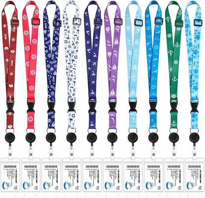 10 Sets Cruise Lanyards Retractable Carnival Adjustable Lanyard with ID Holder Detachable Badge Clip for Cruise Ship Cards(Fresh Style)