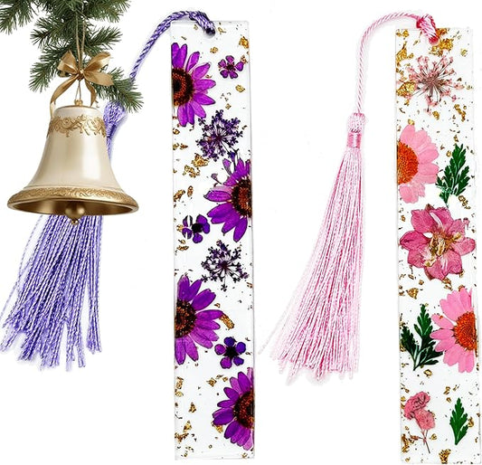 Pressed Flower Bookmarks (2 Pack) Clear Dried Floral Resin with Tassels Handmade Gift for Women, Students, Bookworms, Book Lovers, Accessories to Increase Reading Interest