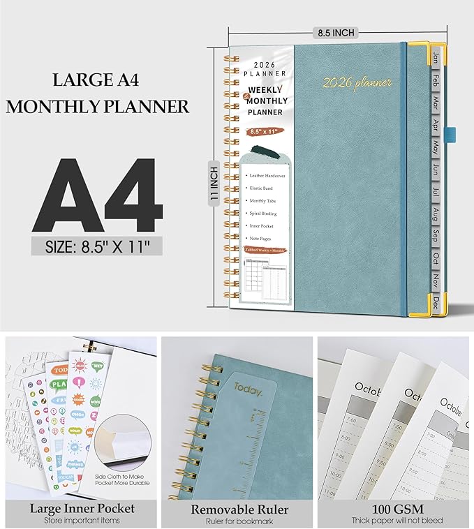 2026 Planner, Weekly and Monthly Calendar Planner from January 2026 - December 2026, 8.5" x 11" Hardcover Leather Hourly Appointment Book with Tabs, Spiral Daily Planners for College School Work Home,Blue