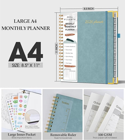 2026 Planner, Weekly and Monthly Calendar Planner from January 2026 - December 2026, 8.5" x 11" Hardcover Leather Hourly Appointment Book with Tabs, Spiral Daily Planners for College School Work Home,Blue