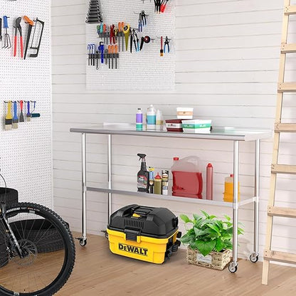 Stainless Steel Table with Wheels 18 x 60 Inches Metal Prep Table with Backsplash & Caster, Adjustable Undershelf for Commercial Kitchen, Outdoor, Restaurant, Hotel & Garage