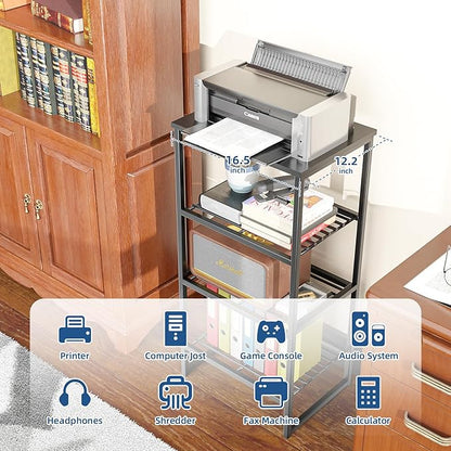 Printer Stand Holder 4 Tier - Heavy Duty Metal Shelving Unit for Printer Shelf Office Organizer, Industrial Printer Side Table with Wood Desk for Scanner Fax Machine, Black