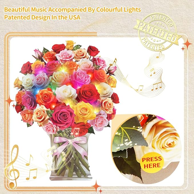 Paper Pop Up Cards, Paper Flower Bouquet 3D Card, Rose Bouquet Greeting Cards with Music and Colorful Lights, Holiday Anniversary Mother's Day Birthday Bouquet Decoration Flower Gift Card