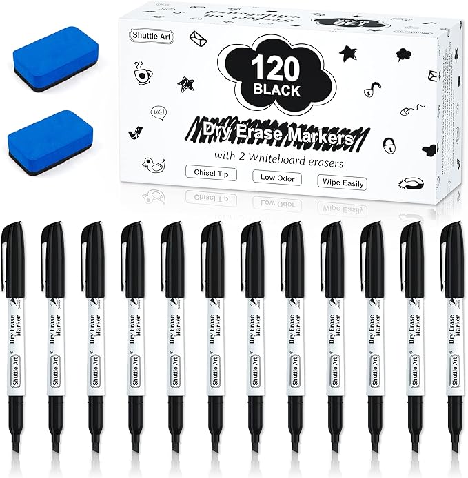 Shuttle Art Dry Erase Markers, 120 Pack Black Whiteboard Markers with 2 Erasers,Chisel Tip Dry Erase Markers, Perfect For Writing on Whiteboards, Dry-Erase Boards,Mirrors for School Office Home