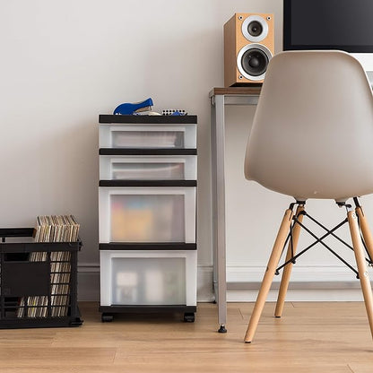 IRIS USA Plastic Drawer Storage Organizer Rolling Cart, with Wheels Casters, 4-Drawers, for Classroom Art Craft Supplies Dresser Closet Bathroom Bedroom, Top Organizer for Small Parts, Black/Pearl