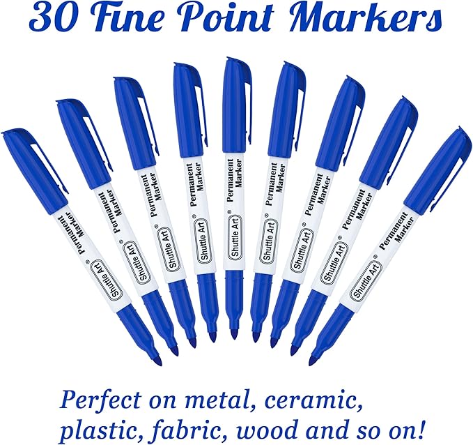 Shuttle Art Permanent Markers, 30 Pack Blue Permanent Marker set,Fine Point, Works on Plastic,Wood,Stone,Metal and Glass for Doodling, Marking…