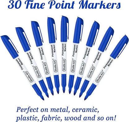 Shuttle Art Permanent Markers, 30 Pack Blue Permanent Marker set,Fine Point, Works on Plastic,Wood,Stone,Metal and Glass for Doodling, Marking…
