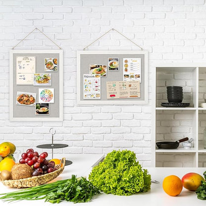 DOLLAR BOSS Cork Boards with Linen 2-Pack 16''X 12'' Cork Board for Walls White Wood Framed Small Bulletin Board Hanging Pin Board for Home Kitchen Office Decoration 20 Pushpin, Grey