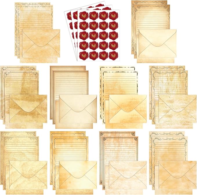 TaoBary 160 Packs Stationery Paper Set (50 Double Sided Stationery Writing Papers 50 Matching Envelopes) 60 Round Dot Sticker, 10 Design(Vintage,5.5 x 8.25 Inch)