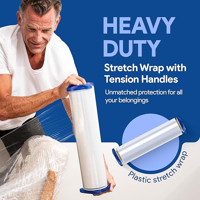 80 Gauge Plastic Stretch Film/Wrap with Tension Handles 1200ft 500% Stretch Clear Cling Durable Adhering Packing Moving Packaging Heavy Duty Shrink Film (Tension Handles, 1)