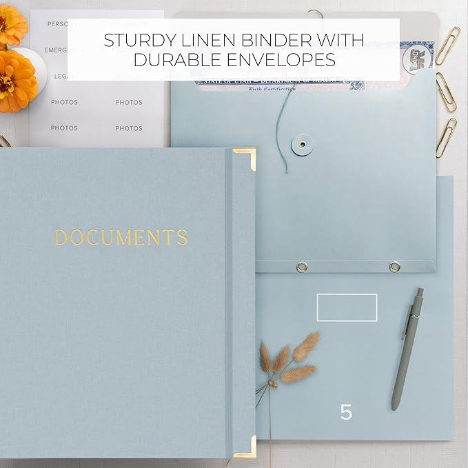 Aesthetic Document Organizer - Sturdy Linen 3-Ring Binder Safely Stores All Your Important Documents and Files in One Place - Easy to Use Expanding Storage Folder Incl. Envelopes, Pockets & Labels