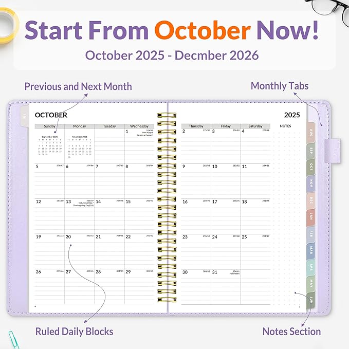 SUNEE 2026 Weekly & Monthly Planner 6.4"x8.5"- 12 Month (January 2026 - December 2026), Vegan Leather Cover, Pocket, Bookmark, Notes, Monthly Tab, Purple