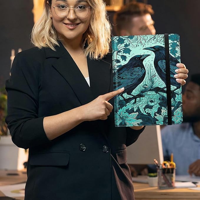 Ravens On Branches PU Leather Padfolio Clipboard Notepad with Pen Loop and Elastic Strap Interview/Resume Document Organizer for Business School Office