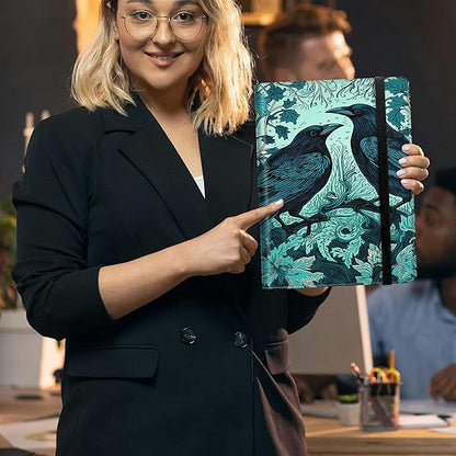 Ravens On Branches Padfolio Folder with Clipboard,Portfolios Organizer Clipboards with Storage Clipboard Writing Pad PU Leather Conference Document Organizer with Business Card Holder