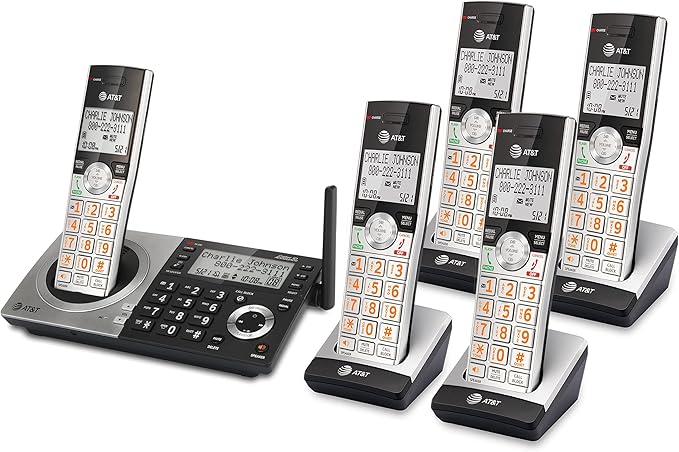 AT&T CL83507 DECT 6.0 5-Handset Cordless Phone for Home with Dual Keypad Base, Answering Machine, Call Blocking, Caller ID Announcer, Intercom and Long Range, Silver/Black