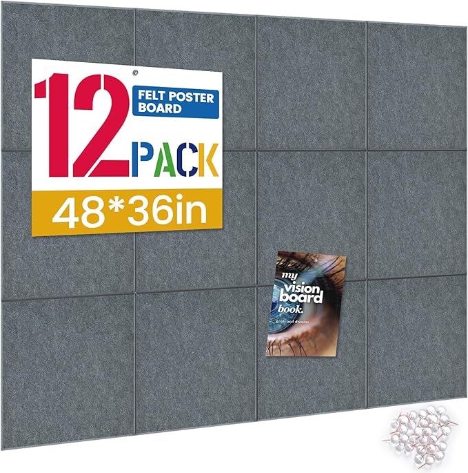 Large Cork Board for Walls with 30 Push Pins-48"X36", Easy to Peel&Stick Vision Bulletin Board Tiles, Black Poster Felt Board Supplies Set Home Office Classroom Corkboard Decor Self Adhesive