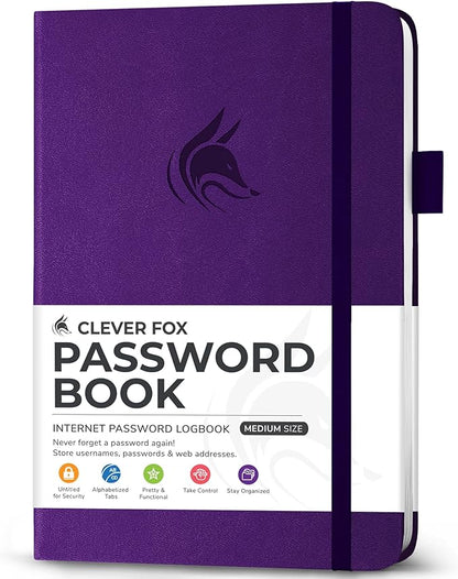 Clever Fox Password Book with Alphabetical tabs. Internet Address Organizer Logbook. Medium Password Keeper for Website Logins (Purple)