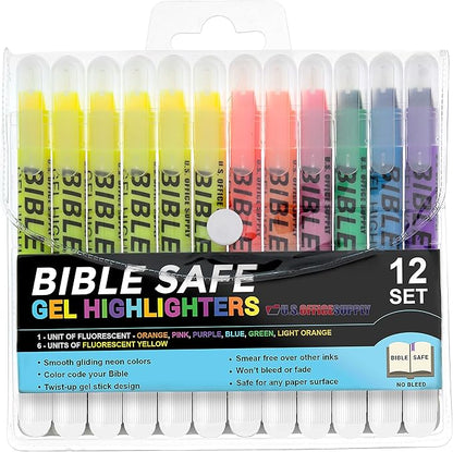 U.S. Office Supply Bible Safe Gel Highlighters, Pack of 12 - Set with 6 Bright Neon Yellow Highlight Colors Plus 6 Colors, Orange, Pink, Purple, Green, Blue - Won't Bleed, Fade or Smear - Study Guide