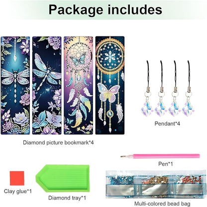 4 Pieces Dream Catcher Diamond Art Bookmarks Dragonfly Butterfly 5D Diamond Art Bookmark Tassel Beaded Book Mark for Graduation Birthday Reading Present DIY Making Beginners Adults Arts Craft Supplies