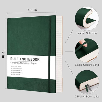 RETTACY Journaling Notebooks, B5 Lined Journal Notebook with 320 Numbered Pages, 7.6" × 10", Medium, Journal Notebook for Writing, Work, School, Leather Softcover, 100 GSM Thick Paper (Dark Green)