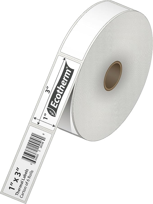 1" x 3" Thermal Labels | 6 Rolls | 5040 Labels | fits Zebra, Godex, Arkscan, iDPRT, Offnova Thermal Label Printers and More | Blank White Adhesive Stickers by Ecotherm