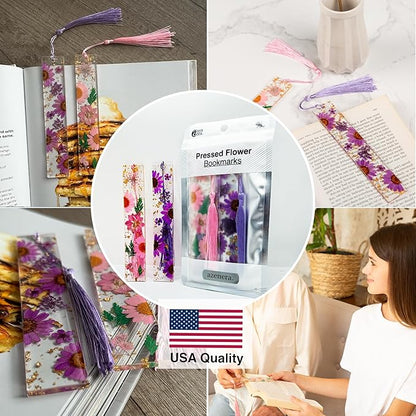 Pressed Flower Bookmarks (2 Pack) Clear Dried Floral Resin with Tassels Handmade Gift for Women, Students, Bookworms, Book Lovers, Accessories to Increase Reading Interest