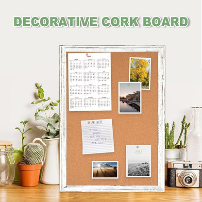 DOLLAR BOSS White Cork Board - 24 X 18 Inches, Rustic Wooden Frame, Decorative Hanging Pin Board for Office & Home Decor