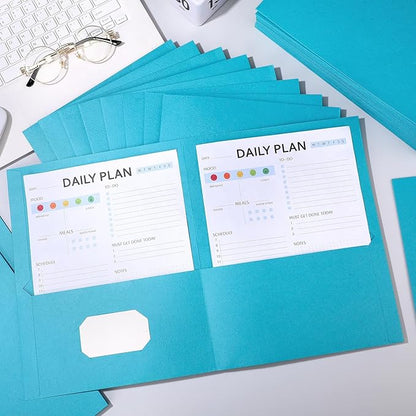 Harloon Lake Blue Two Pocket Portfolio Folders Bulk, 8.5 x 11 Inches Textured Paper with Business Card Slot Letter Size File Folders for Office School Classroom (75 Pack)